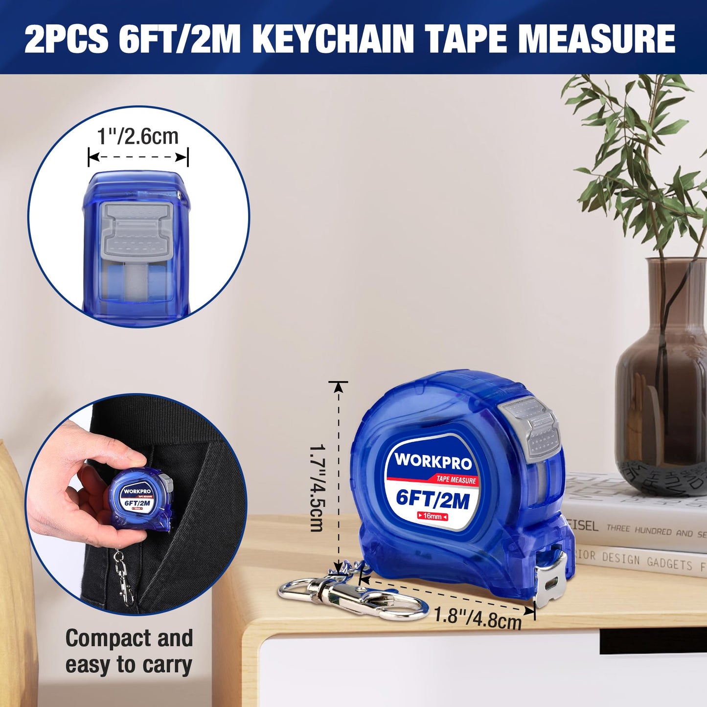 WORKPRO Mini Tape Measure, 2 Pcs 6FT Retractable Easy Reading Keychain Tape Measurement, Inch/Metric Scale Pocket Size Small Tape Measure for Engineer, Portable, ABS Protective Casing, Blue