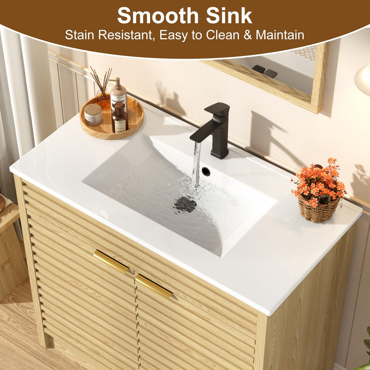 Squireewo 36 Inch Bathroom Vanity with Sink, Mid-Century Modern Bathroom Vanity with Storage Cabinet, Freestanding Bathroom Cabinet with Door Shelves and Faucet, Light Oak