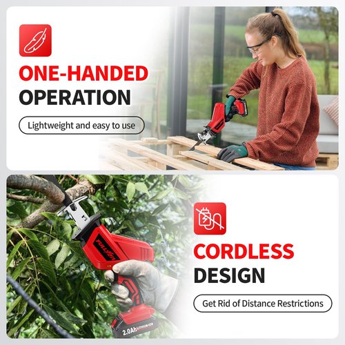 FULLYEA Reciprocating Saw Cordless, 0-3500SPM Power Reciprocating Saw with 2*2000mAh Battery & 4 Saw Blades, Tool-Free Blade Change, Variable Speed Reciprocating Saws for Woods/Metal/Plastic Cutting