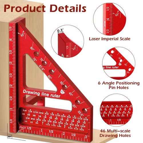 Aiwons 3D Multi-Angle Measuring Ruler -Precision Woodworking 3D Square Protractor 22.5-90 Degree and Miter Triangle Ruler - Aluminum Alloy Drawing Line Ruler for Engineer Carpenter and Craftsmen Red…