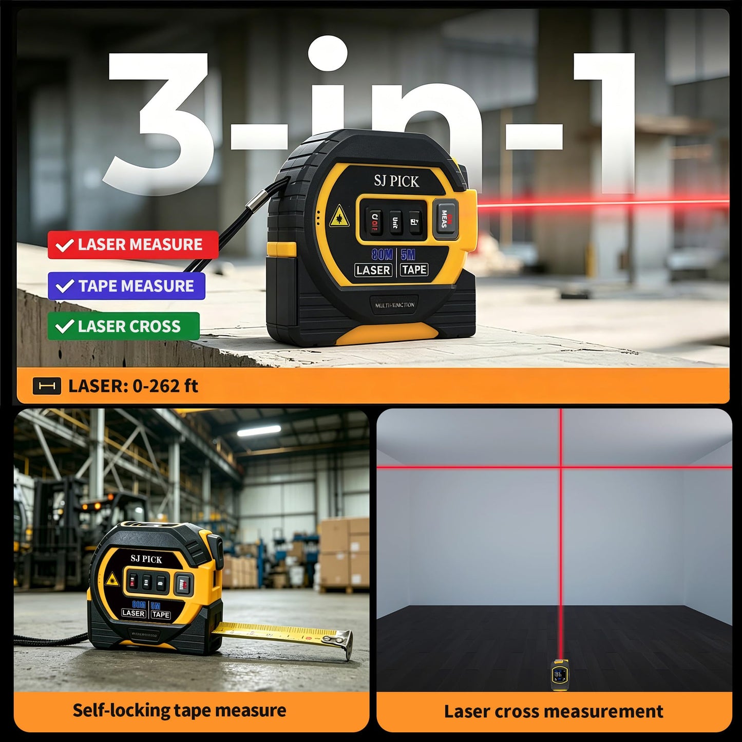 Voice Intelligent Tools 3-in-1 Laser Tape Measure ，Digital Measuring Tape Ruler-LCD Backlight 5M/16Ft Tape & Laser 100m/328Ft Rangefinder，Crosshairs Markings，Data Storage (Yellow, 100m/328ft)
