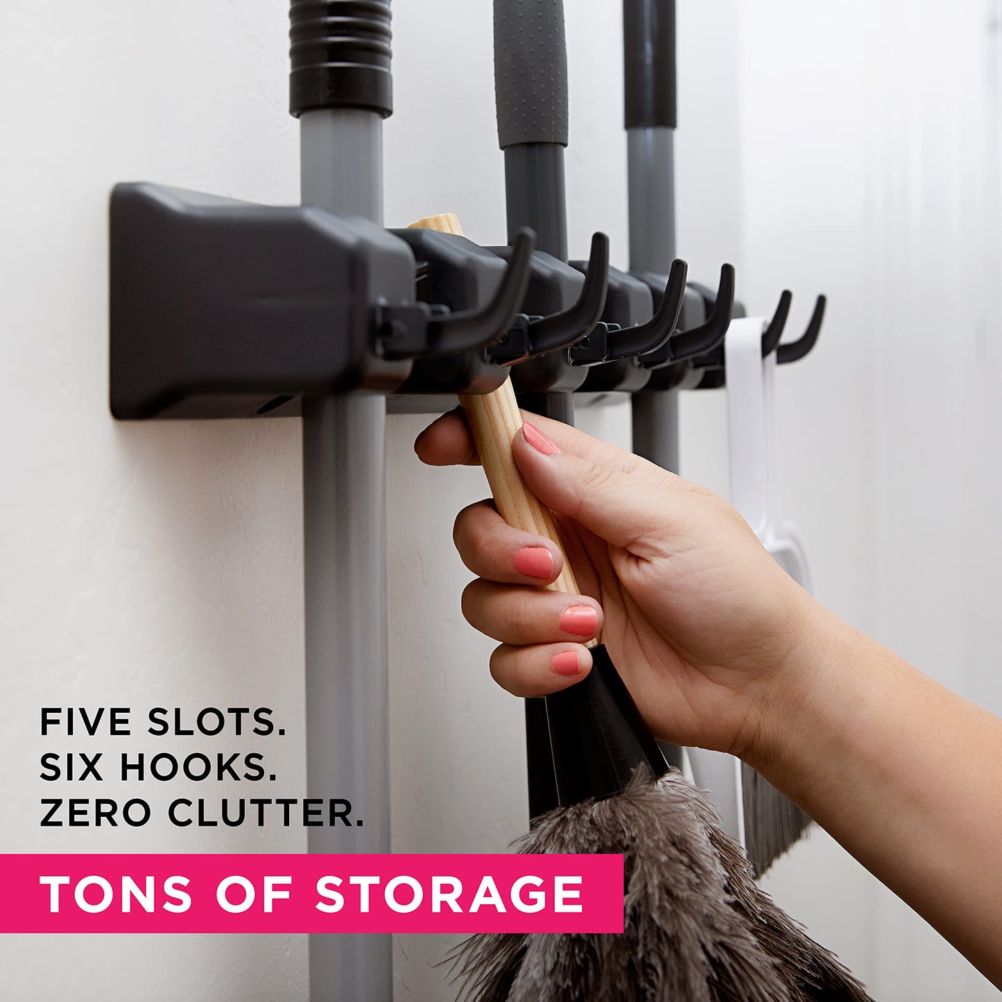 Berry Ave Broom Holder & Wall Mount Garden Tool Organizer- Kitchen, Closet, Garage & Laundry Room Storage With 5 Slots And 6 Hooks- Wall Holder For Broom, Rake & Mop Handles Up To 1.25” [Beige 2-Pack]