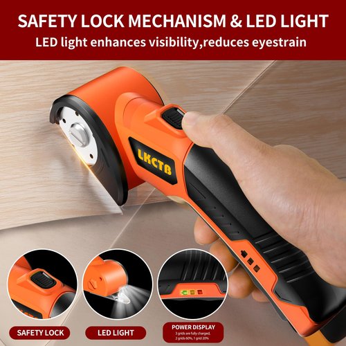 LKCTB Cardboard Cutter, Electric Scissors, 2600mAh Battery, High Efficiency Brushless Motor, with LED Light, Tungsten Steel Blade, Suitable for Cloth, Cardboard, Leather, Carpet. Orange