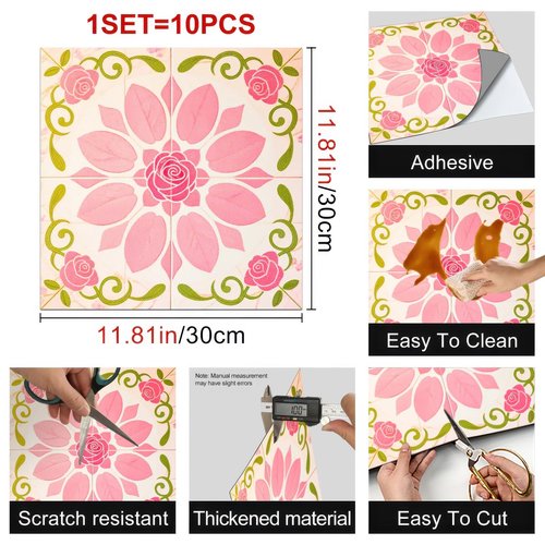 HOMETITUTE 10PCS 12x12 Inch Pink Rose Floral Peel and Stick Floor Tiles Removable Self Adhesive Vinyl Flooring Stickers for Bathroom Bedroom Kids Room Home Decor