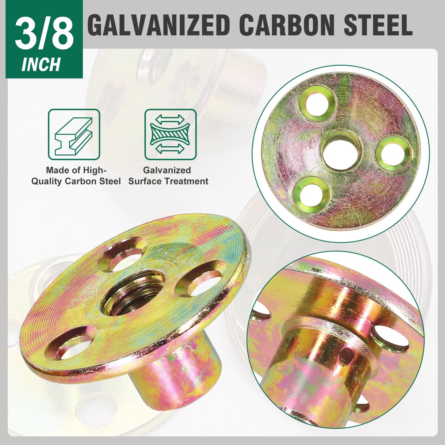 FoDau770 3/8"-16 Brad Hole T-Nut with Screws, Zinc Plated Carbon Steel 3-Hole T-Nuts, Insert Female Thread Mounting Fastener for Wood Furniture and DIY Project - 16 Set (64 Pieces)