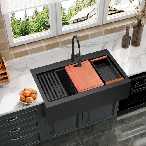 MONSINTA Black Farmhouse Kitchen Sink, 33 Inch Farm Sink, 33" x 22" x 10" Large and Deep Double Bowl Workstation Kitchen Sinks, 16 Gauge Stainless Steel Farm house Apron Front Sinks With Accessories