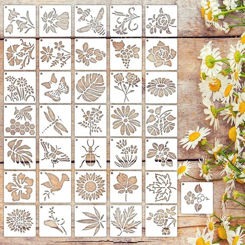 36 Pcs Flower Stencil for Painting, 3 Inch Small Stencils for Crafts, Reusable Paint Template for Wall, Butterfly & Bird Stencil for Painting Home Decor Art Projects