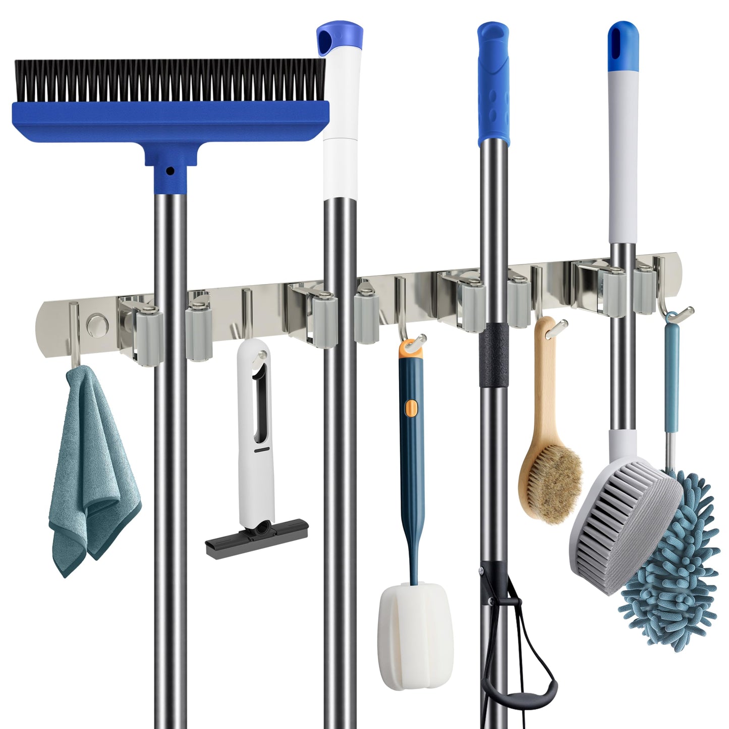 QianRuiDa Mop Broom Holder Wall Mount, 4 Racks 5 Hooks Stainless Steel Storage Organizer for Home, Kitchen, Garden, Laundry room, Garage tool storage