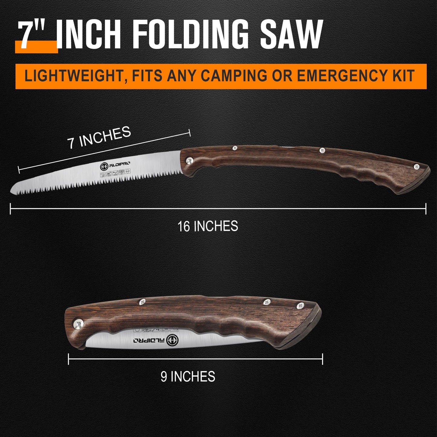 ALDIPRO 7" Folding Hand Saw with Genuine Wenge Wood Handle & Premium Brown Leather Sheath, Heavy Duty SK5 High Carbon Steel Pruning Saw for Bushcraft, Survival Gear, Camping & Tree Trimming, Gift