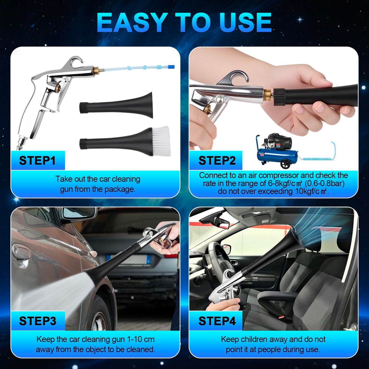 2 Nozzles Air Cleaning Gun, Dry Cleaning Gun Quickly Blasts Dust, Dirt and Grime from Surface, Dryer Air Blow Gun Works with Air Compressor, Car Detailing Tool for Interiors Exteriors Deeply Cleaning