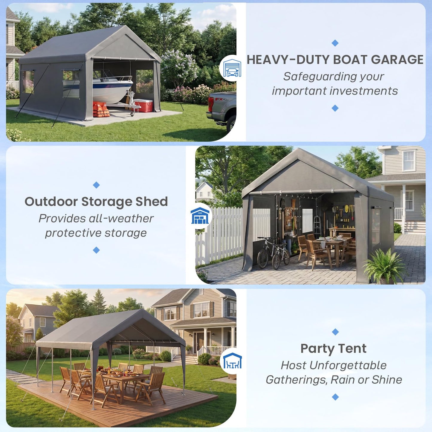 Bezseller 12x20 FT Heavy Duty Carport Canopy with Removable Sidewalls, Portable Garage Tent with Roll-Up Windows & Doors, Car Port with All-Season Tarp for Cars, Boats, Trucks, Motorcycles, Gray