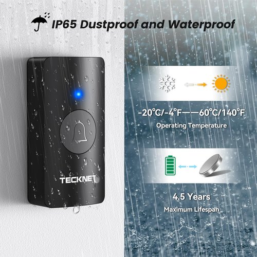 TECKNET Wireless Doorbell, Battery-Powered Door Bell Ringer with 1400ft Range, 60 Chimes & Customizable Door Chime, 5 Volume Levels, IP65 Waterproof – No Plug-in Required, Perfect for Home Use