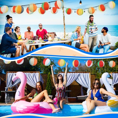 Panelee 12 Pcs 8 Inch Beach Ball Paper Lanterns Pool Party Decorations Summer Luau Themed Round Hanging Decorations for Office Classroom Home Outdoor Indoor Party Supplies