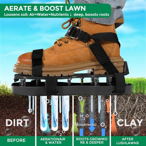 Aeration Shoes for Lawn Self-Cleaning Clay Soil Leaf Removal Spring-Loaded Spikes - Aerating Shoes for Lawn Grass Yard Garden Aerator Fits Over Shoes Size 6-11 (Black)