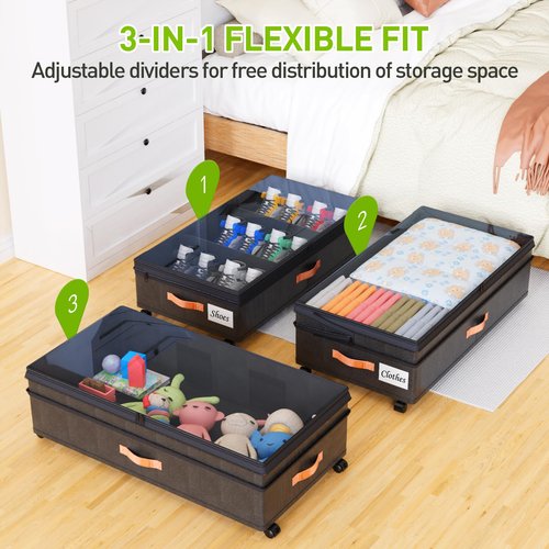 Under Bed Storage with Wheels, 2Pack Expandable UnderBed Storage Containers with Clear Lid & Label, XXL 70L Under The Bed Storage Bins for Clothes, Shoes, Blankets, Books, Toys (Black)