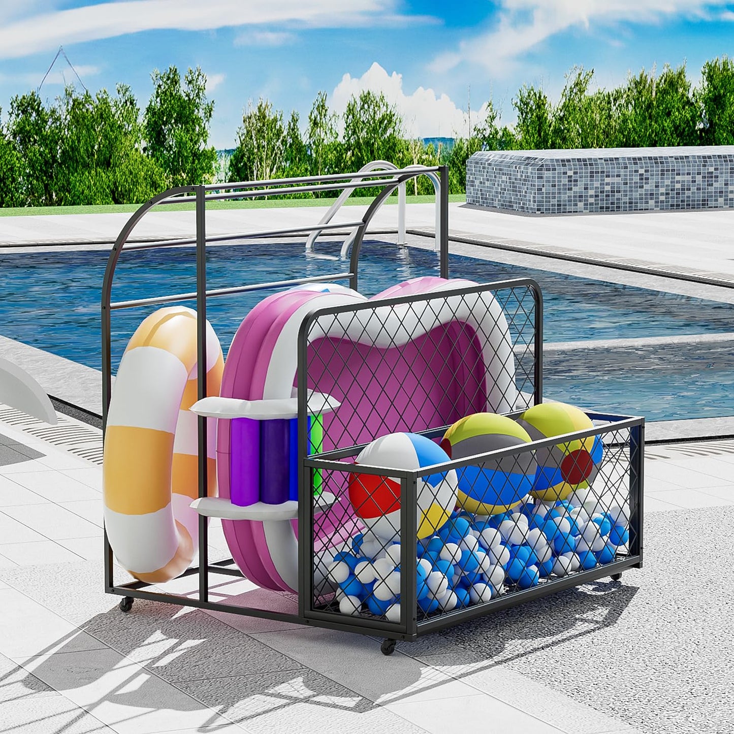 tenouaai Pool Float Storage, Metal Pool Storage Bin with Rolling Wheels, Outdoor Pool Organizer for Floaties, Noodles, Life Vests, Beach Balls (33.4*37.7*36.8)