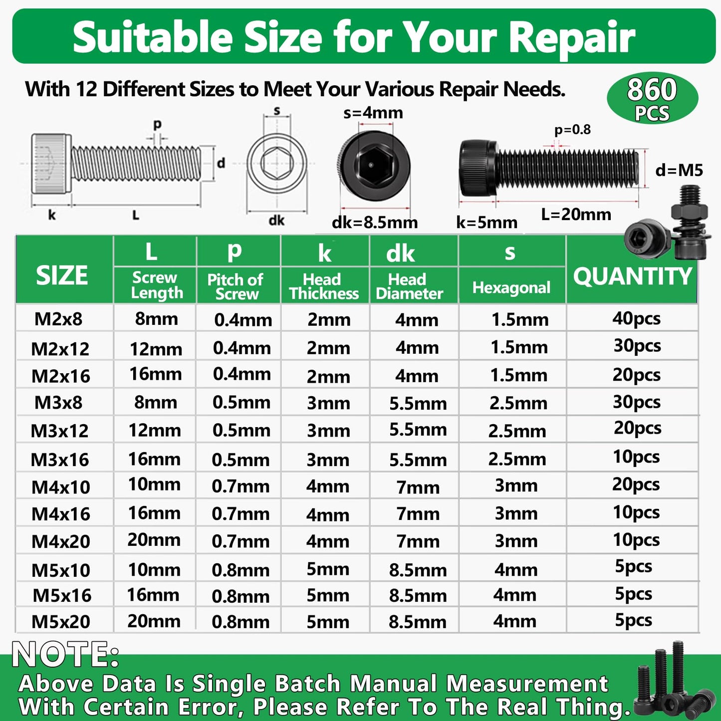 860PCS Metric Screw Assortment Kit, M2 M3 M4 M5 Machine Screws with Lock & Flat Washers, 12.9 Grade Alloy Steel, Metric Hex Socket Head Cap Nuts and Bolts Assortment Kit with 4 Wrenches