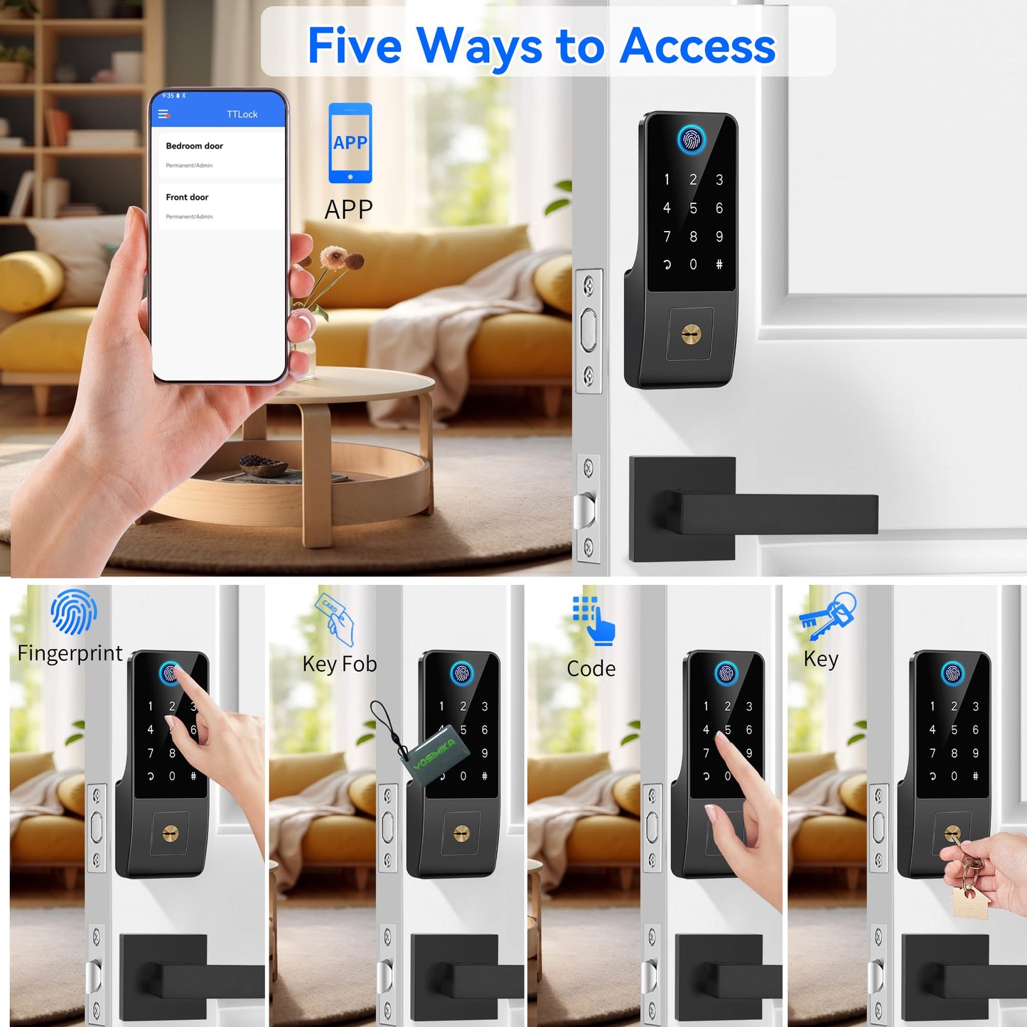 Smart Fingerprint Digital Door Lock - Keypad Lock and 2-Lever Handle Set,Keyless Entry Deadbolt for Front Door, App & Voice Control, Auto-Lock, Anti-Peep,Matte Black