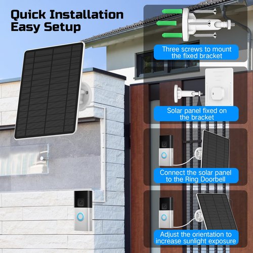 Solar for Ring Doorbell, Suitable for Battery Video Doorbell Plus, Ring Video Doorbell 3/3 Plus/4, Easy Installation & 360°Adjustable Mount, Waterproof, Fast Charging Cable