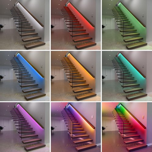 KOMIGAN Motion Sensor with Daylight Sensor LED Stair Light Kit KMG-45, 16.4FT RGB Cuttable LED Strip Light for Indoor Handrail Stair Lights