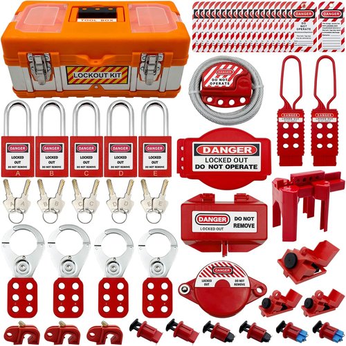 SAFBY Lockout Tagout Kit Electrical Loto - Clamp-On Circuit Breaker Lockout, Group Lockout Hasps, Lockout Tag, Universal Multi- Pole Breaker for Kit Station (Box Orange Kit)