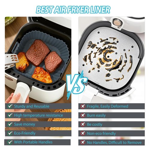 Komzon Silicone Air Fryer Liners Reusable 3 PCS, Airfryer Liners, Silicone Air Fryer Basket Liners Square, Food Grade AirFryer Accessories 4-7 QT, Ktchen Gadgets for Pot Oven Liner Baking Tray Pan