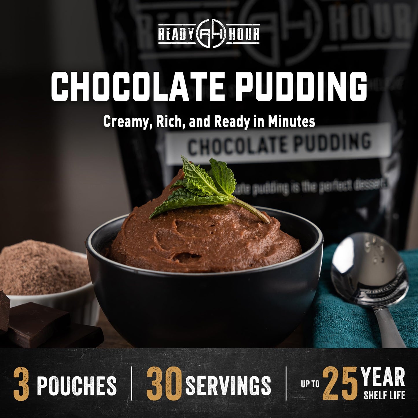 Ready Hour Chocolate Pudding Mix Case Pack – 30 Servings (3 Pouches) – Emergency Dessert, Instant Pudding Mix, Long Shelf Life, Survival Food Supply, Prepper Pantry Sweet Snack, Shelf Stable Snack