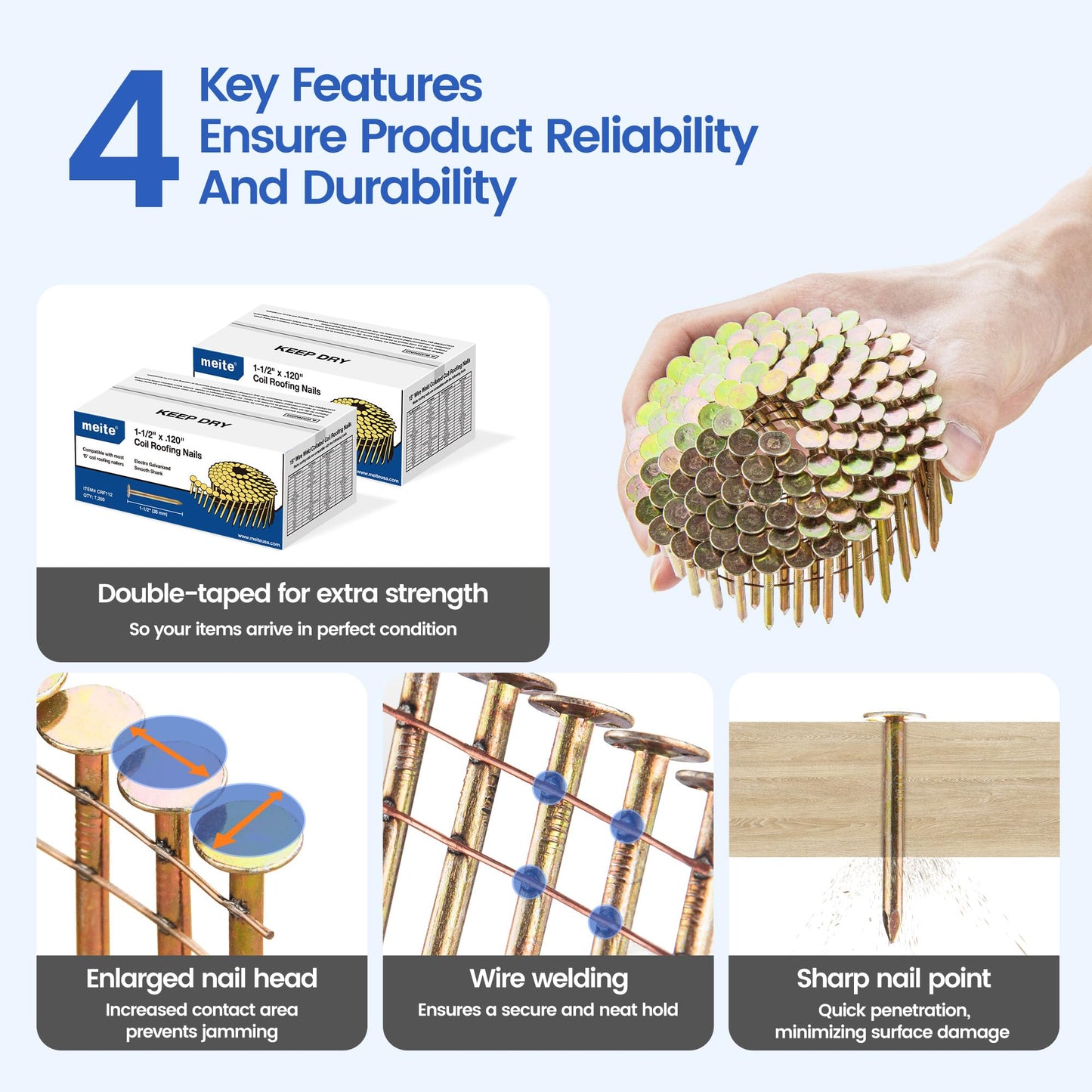 meite Roofing Nails 15 Degree Electro Galvanized Coil Nails 1-1/2-Inch, Rust-Proof Big Head Roofing Nails for Electric or Pneumatic Nailer Gun, Wire-Collated Coil Nails for Lathing Sheathing, 7200PCS