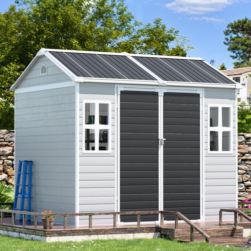 CDCASA 8x6 FT Resin Shed, Waterproof Large Outdoor Storage Sheds with Floor & Lockable Door, Plastic Tool Shed for Outside, Backyard, Patio, Poolside, Bike