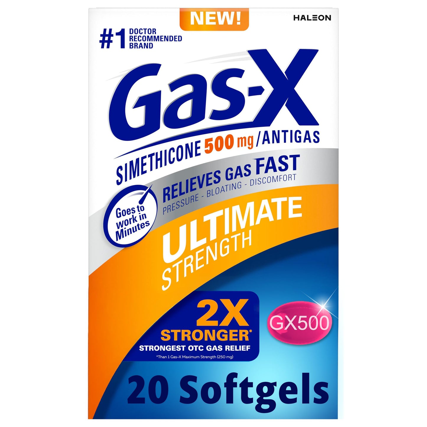 Gas-X Ultimate Strength Gas Relief Softgels with Simethicone 500 mg, Fast Bloating Relief, Anti-Gas, OTC Stomach & Intestinal Gas, Easy to Swallow, 20 Count