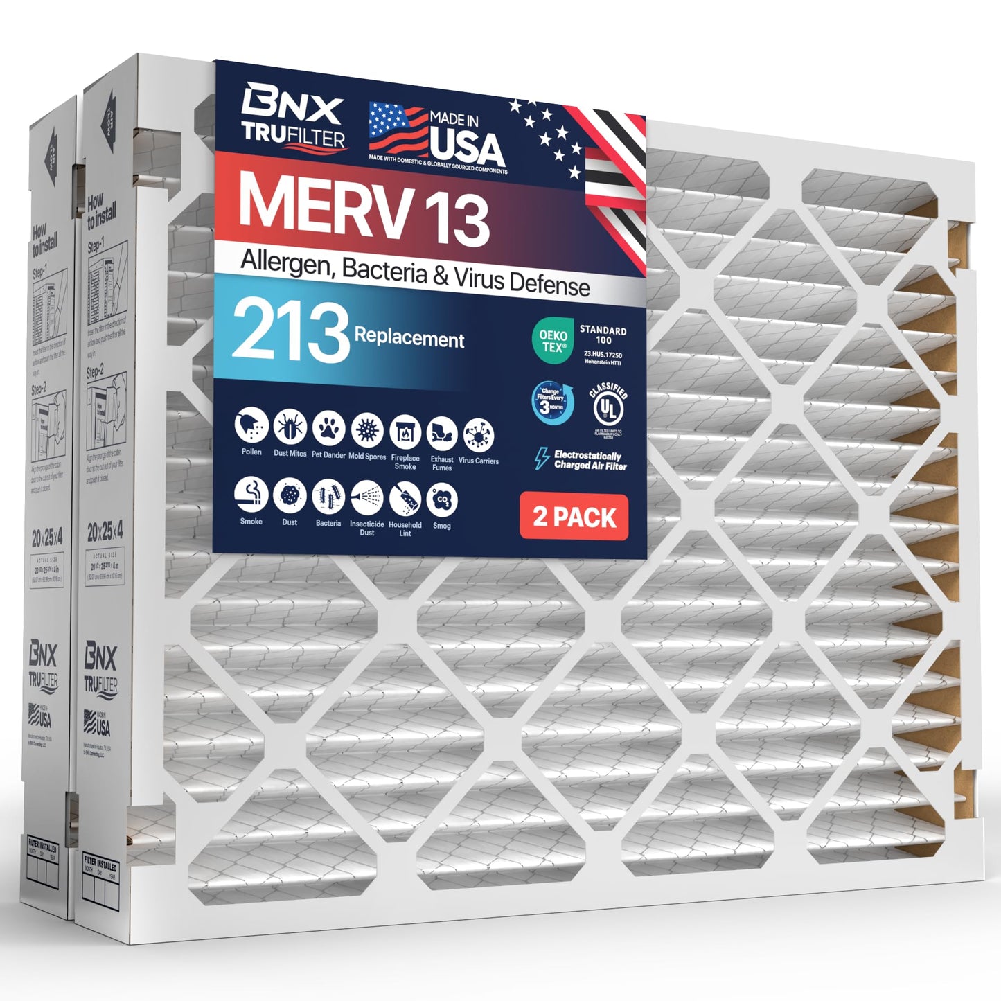 TruFilter 213 Air FIlter, AprilAire 213 Replacement Filter for AprilAire (2-Pack) - MERV 13 - MADE IN USA - HVAC AC Furnace Filters Allergies, Mold, Bacteria, Smoke, MPR 1900 FPR 10 Air Filter