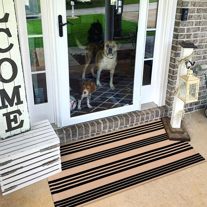 Black and Tan Striped Outdoor Rug, 2’ x 4.3’ Cotton Hand-Woven Reversible Front Porch Rug Washable Front Door Mat Entryway Rugs Welcome Layered Doormat Carpet for Patio Farmhouse Kitchen