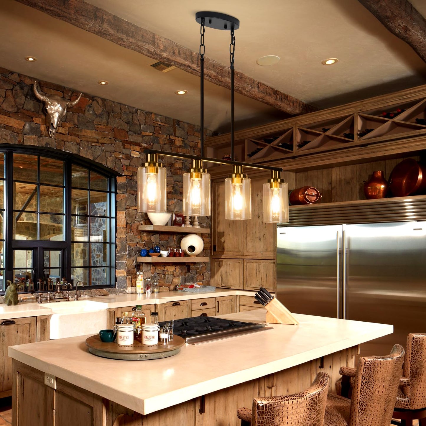 KPIOK Island Lights for Kitchen, 4-Light Farmhouse Dining Room Light Fixtures Over Table, Matte Black and Gold Linear Chandeliers for Dining Room，Industrial Pendant Lighting with Clear Glass Shade