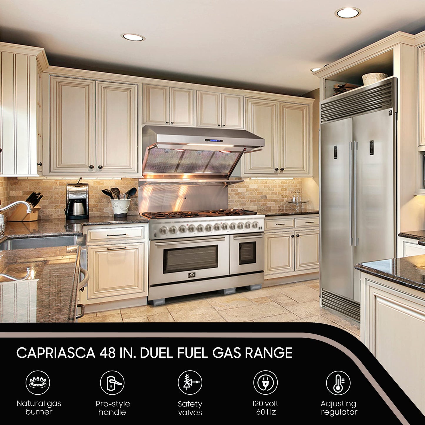 FORNO Capriasca Full Gas 48" Inch. Freestanding Range with 8 Sealed Burners Cooktop - 6.58 Cu.Ft. Double Gas Convection Oven Capacity, Stainless Steel Heavy Duty Cast Iron Grates.