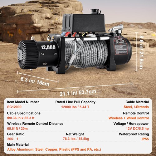 VEVOR Truck Winch 12000lbs Electric Winch 85ft/26m Steel Cable 12V Power Winch Jeep Winch with Wireless Remote Control and Powerful Motor for UTV ATV & Jeep Truck and Wrangler in Car Lift