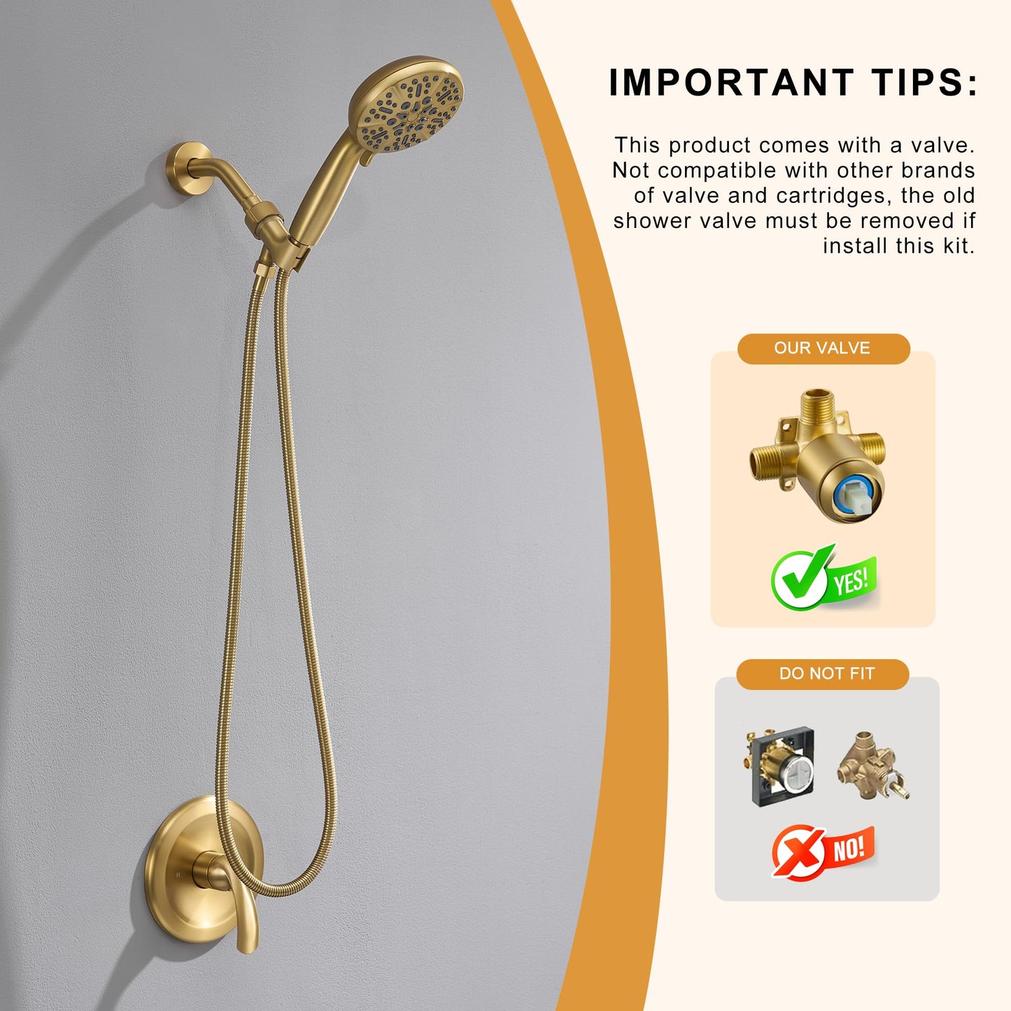 BRAVEBAR Single-Handle Gold Shower Faucet Set - Brushed Gold Shower Head and Handle Set, Shower Trim Kit with 7 Modes Handheld Shower Head System, Faucet Shower Fixtures with Valve Included