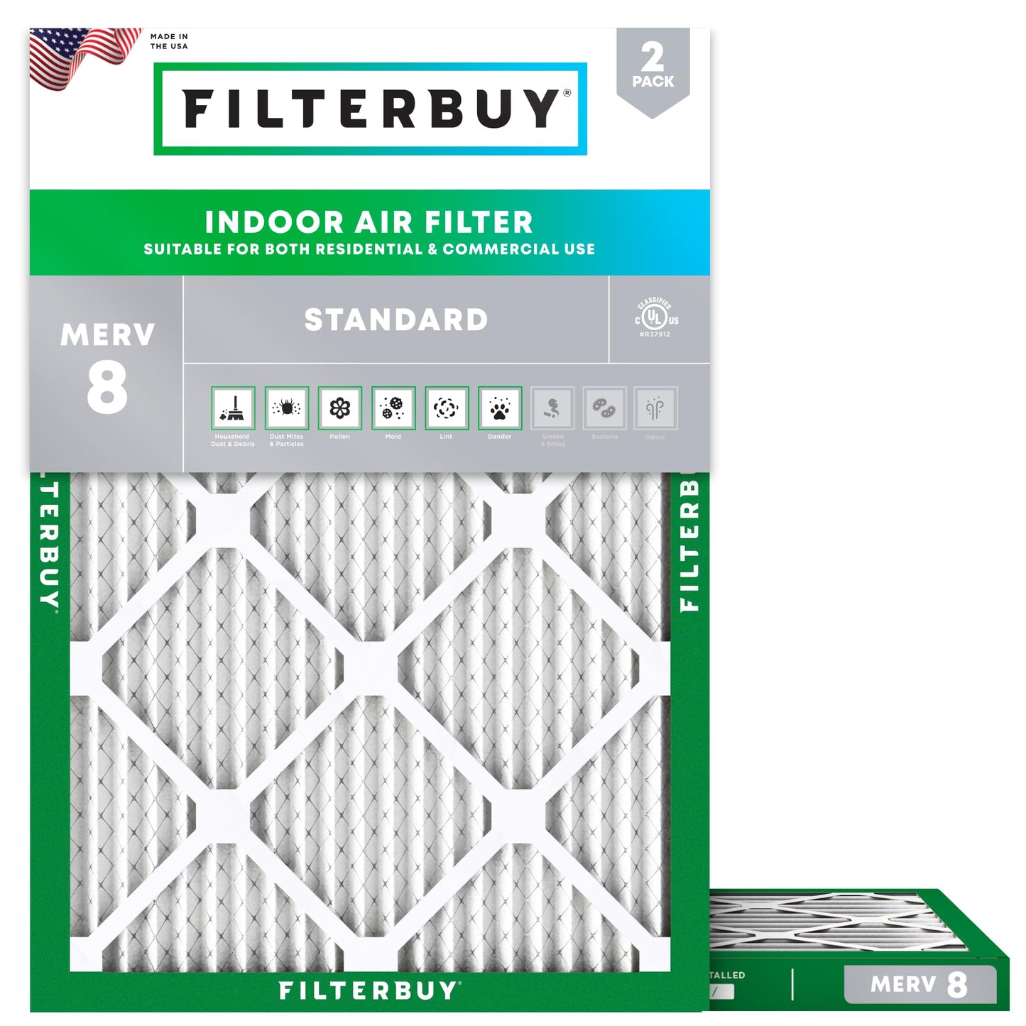 Filterbuy 16x21x1 Air Filter MERV 8 Essential Dust & Allergy Defense (2-Pack), Electrostatic Pleated HVAC AC Furnace Filters Replacement, Made in USA (Actual Size: 15.50 x 20.50 x 0.75)