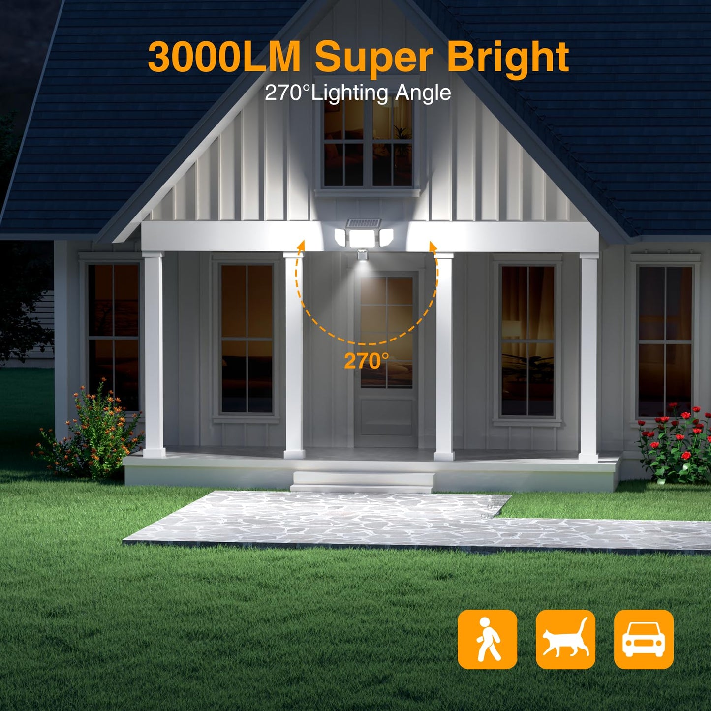Onforu Solar Lights Outdoor, 3 Heads Security Lights with Remote Control & Night Light, IP65 Waterproof Motion Sensor Lights, 3 Modes, Flood Lights for Wall, Porch, Yard, Outside, 2 Pack