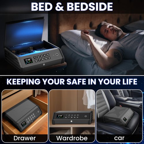 Gun Safe,3 Ways Biometric Pistol Safe with LCD Display of Temperature Humidity USB Port, Emergency Power Supply Gun Lock Box for Home Bedroom Bedside Nightstand and Car