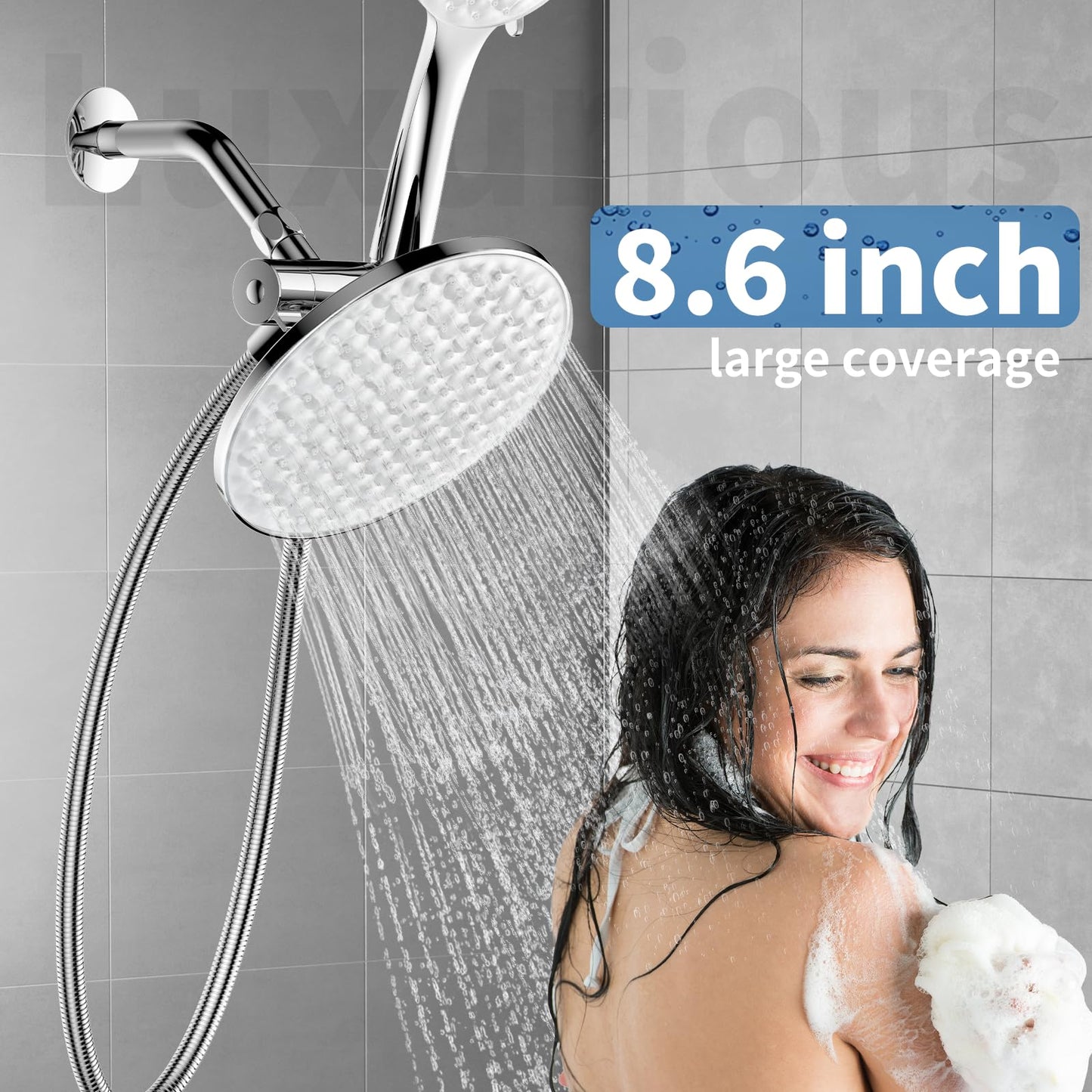 UltrTxenova Dual Shower Heads with Handheld Spray Combo, 8.6 Inch Pulsating Rain Shower Head, 6-Mode Hand Held Shower with Hose 6ft, 2-in -1 Luxury Shower System Chrome