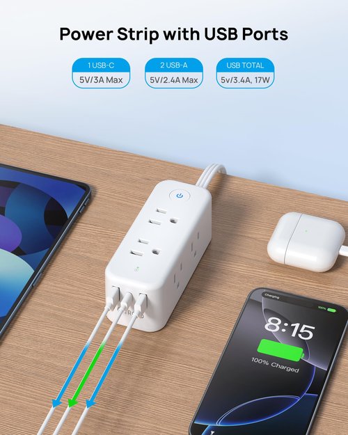 TROND 360° Rotating Flat Plug Power Strip, 6 Widely Spaced Outlets, 2 USB A and 1 USB C, 1440J Surge Protector, Wall Mountable, Extension Cord 5ft for Home Travel Office Dorm Room Essentials, White