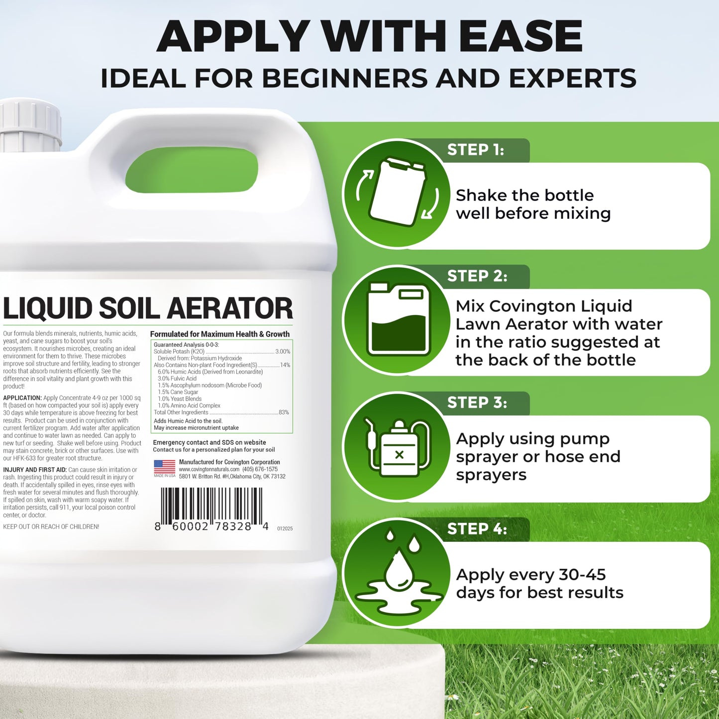 Covington Liquid Lawn Aerator (32oz) – Soil Conditioner & Softener for Lawns & Gardens – Loosens Clay & Compacted Soil for Better Water & Nutrient Absorption – Liquid Aeration Concentrate, Made in USA
