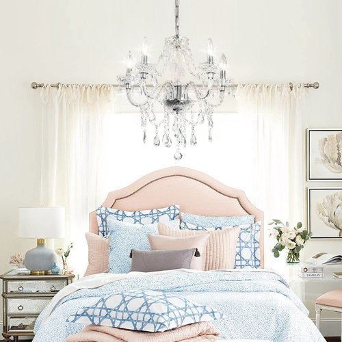 Plug-in 5 Light Crystal Hanging Pendant Lights Acrylic Chandelier with Clear Cord & On/Off Switch H19 D19.7 for Kitchen Island Girls' Room Dining Area Laundry Pavilion.