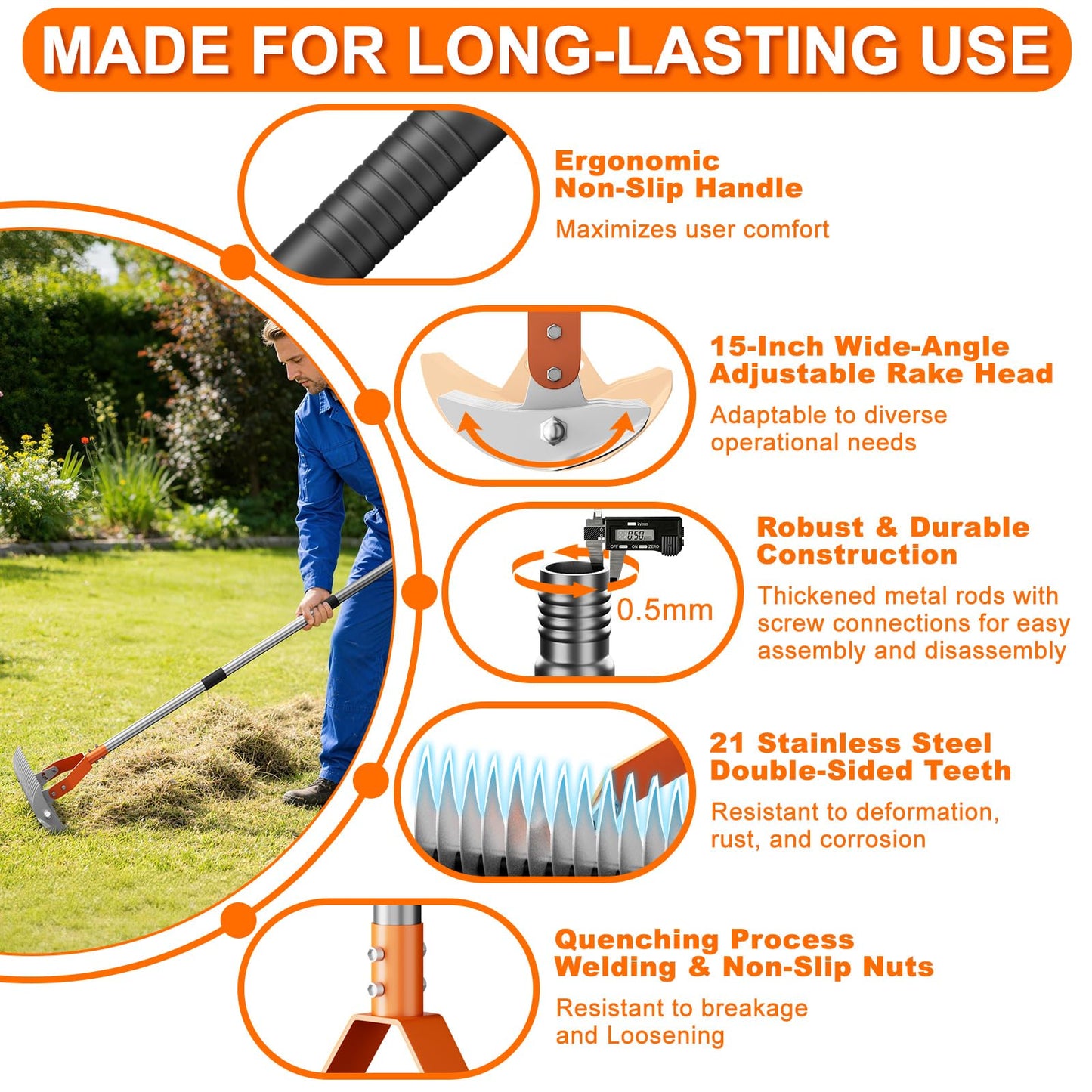 Thatch Rake for Lawn with 68" Adjustable Handle, 15" Heavy Duty Dethatcher Rake for Lawn, Thatching Rake with Dual-Action Tines, Dethatching Rake for Efficiently Removes Dead Grass, Loosens Soil