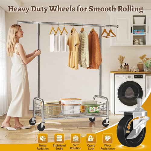 Raybee Clothes Rack with Storage Basket for Hanging 200+ Clothes, Rolling Heavy Duty Clothing Rack with Sturdy Wheels, Portable & Adjustable & Commercial Garment Racks, Chrome