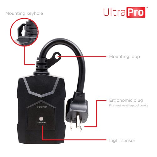 UltraPro Outdoor Outlet Timer - Dusk-to-Dawn Sensor, Single Outlet Light Automation, Weather-Resistant, Seasonal Landscape Timer, Black, 1 Pack