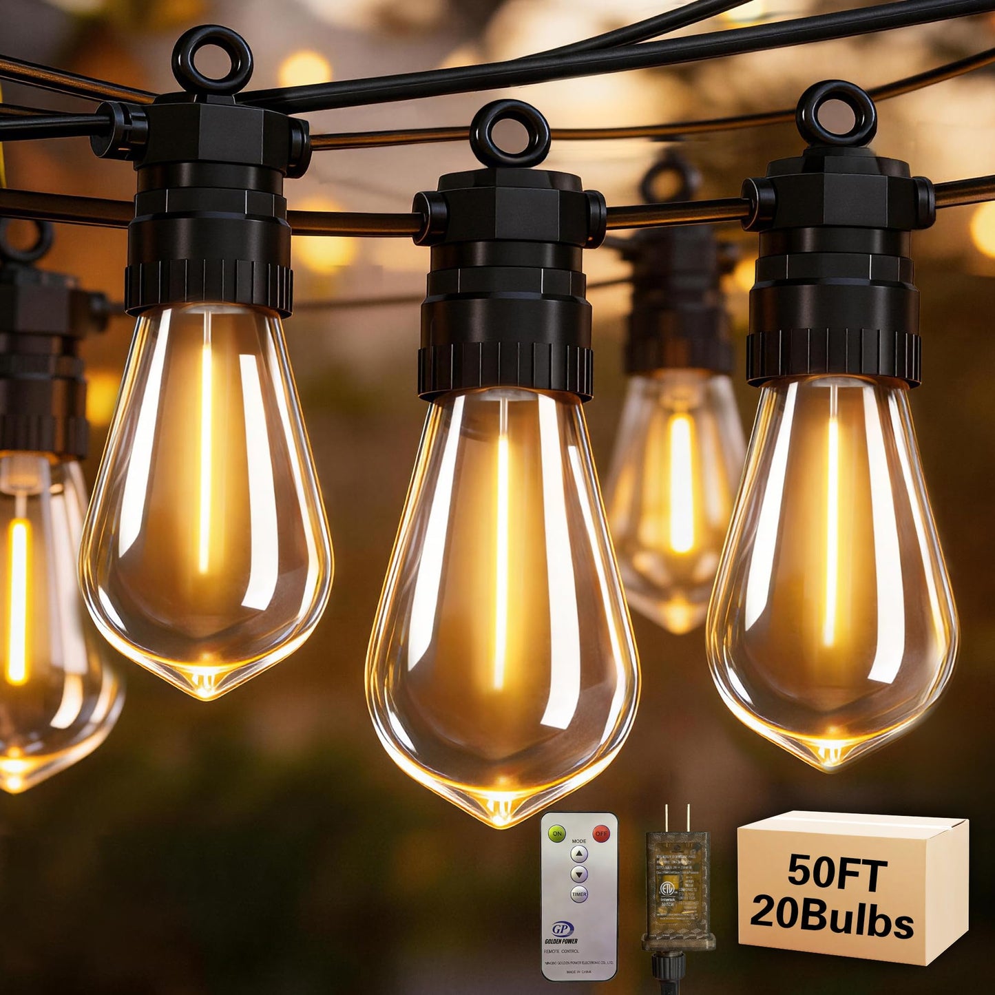 BYIZO 50FT Outdoor String Lights with Remote, 20 Dimmable Shatterproof LED Bulbs, Waterproof Patio & Backyard Lights for Pergola, Deck, Garden, Bistro, Commercial Grade Hanging Lights