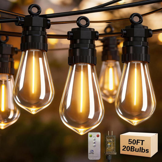 BYIZO 50FT Outdoor String Lights with Remote, 20 Dimmable Shatterproof LED Bulbs, Waterproof Patio & Backyard Lights for Pergola, Deck, Garden, Bistro, Commercial Grade Hanging Lights