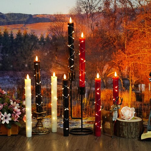 JINYANIA Flameless Taper LED Candles with Embedded Star String, Flickering Battery Operated Real Wax Candles with Remote Timer, 6pcs（0.78X9.64 Inch） for Romantic Ambiance and Home Decoration（Red）