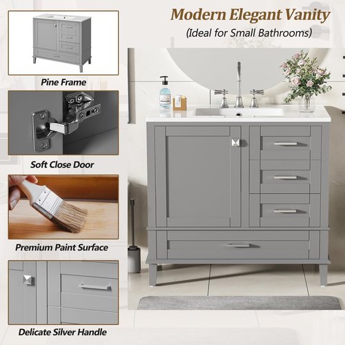 Mirightone 36" Bathroom Vanity with Sink, Bathroom Vanities 36 Inch with Sink, 36 Bathroom Vanity with Top Including 3 Drawers and 1 Soft Closing Door, Vanity with Sink for Bathroom (Grey)